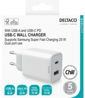Deltaco 2-port 33W USB Lader med USB-A + USB-C PD, PPS, CE