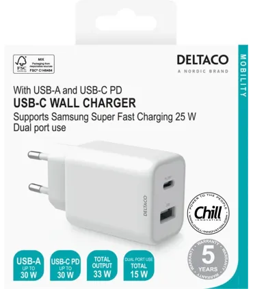 Deltaco 2-portars 33W USB-laddare med USB-A + USB-C PD, PPS, CE/EU