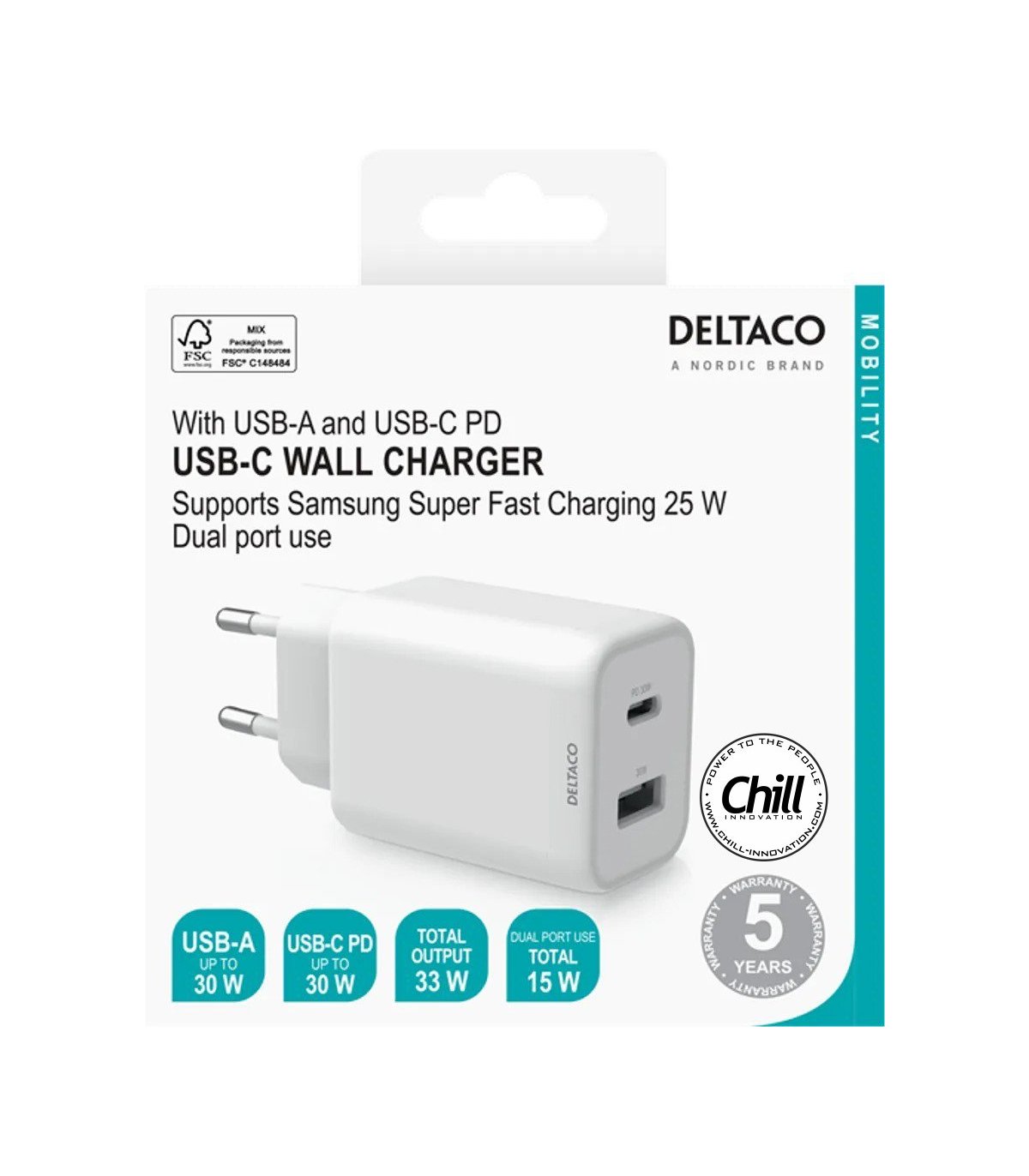 Deltaco 2-port 33W USB Charger with USB-A + USB-C PD ports, PPS, CE/EU