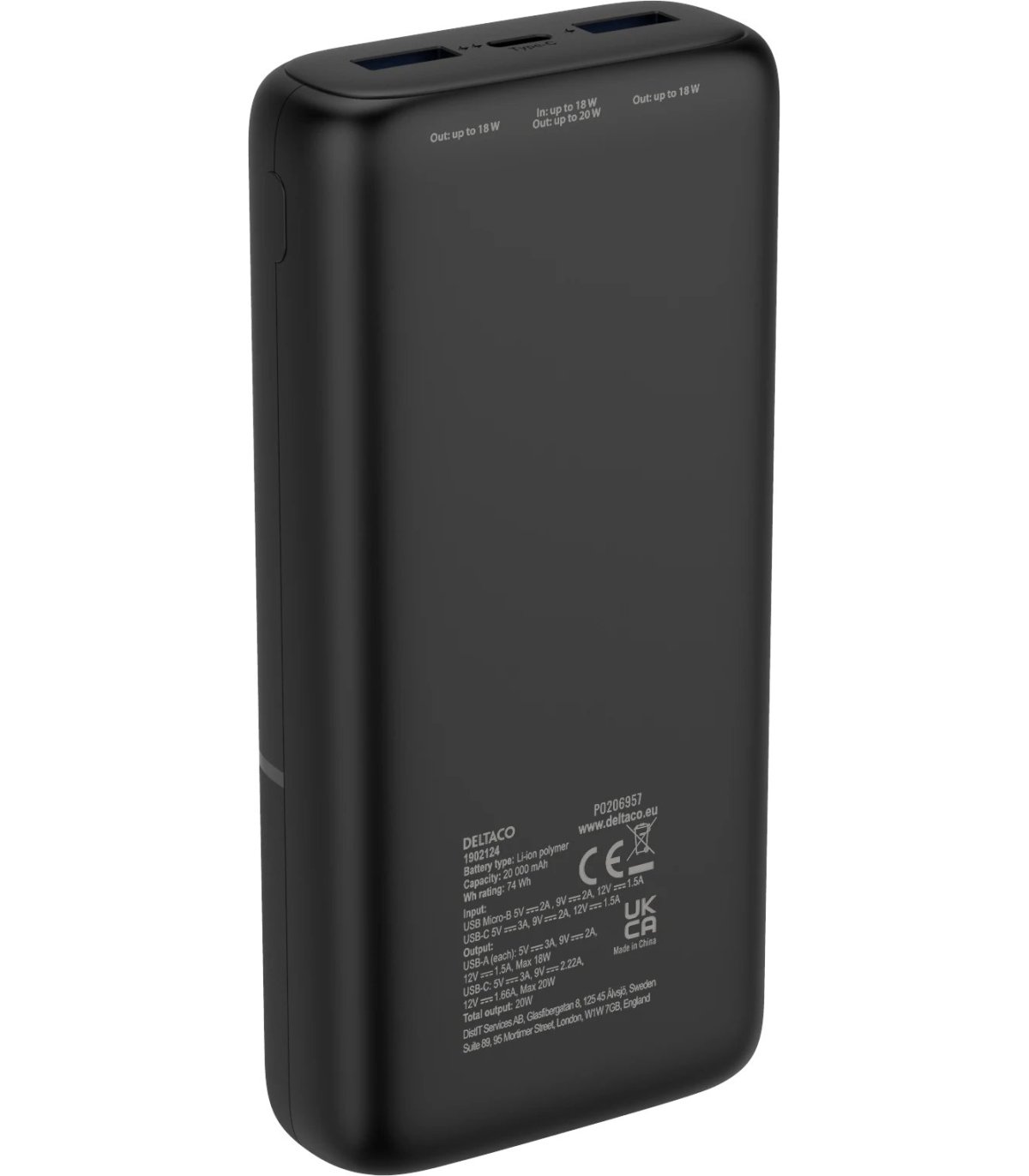 Deltaco 20000mAh USB-C PD Strømbank (20W), Svart