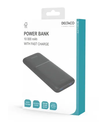 Deltaco 10000mAh USB-C PD PowerBank (20W), Svart, CE