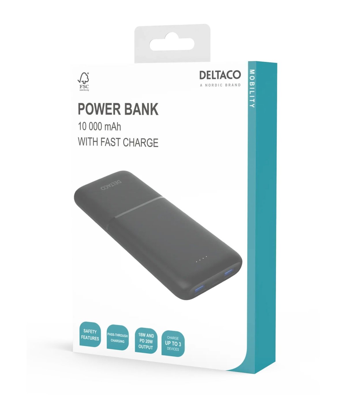 Deltaco 10000mAh USB-C PD PowerBank (20W), Black, CE | Nordic Design