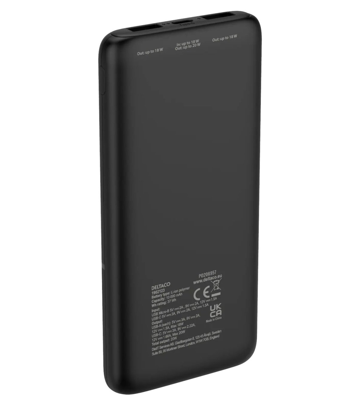 Deltaco 10000mAh USB-C PD Strømbank (20W), Svart