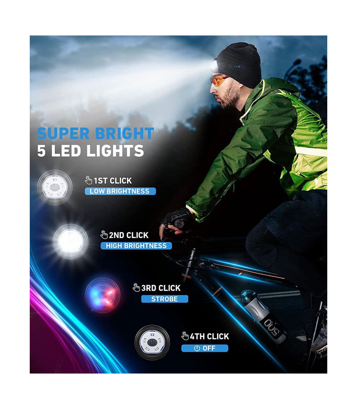 Chill Wireless Bluetooth Headphone Beanie with LED flashlight, Black